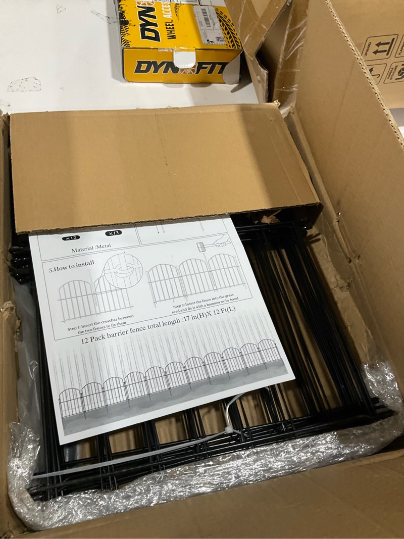 Condition photo showing As Is for 12 pack decorative garden fence panels, 17in(h) x 12.6ft(l) rustproof metal no dig fence, animal barrier for dogs & rabbits, anti digging fencing for flower bed edging, yard, patio & outdoor 12 pack - 17 in (h) x 12.6 ft (l)
