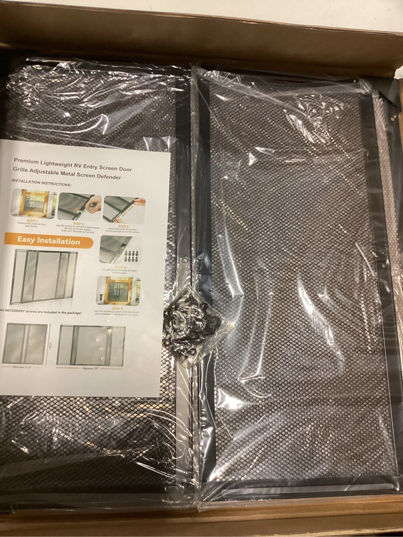 Condition photo showing Good Condition for premium rv screen door protector, lightweight adjustable 22"- 35" rv entry screen door grille, metal screen door guard for rv, camper, yard, garden