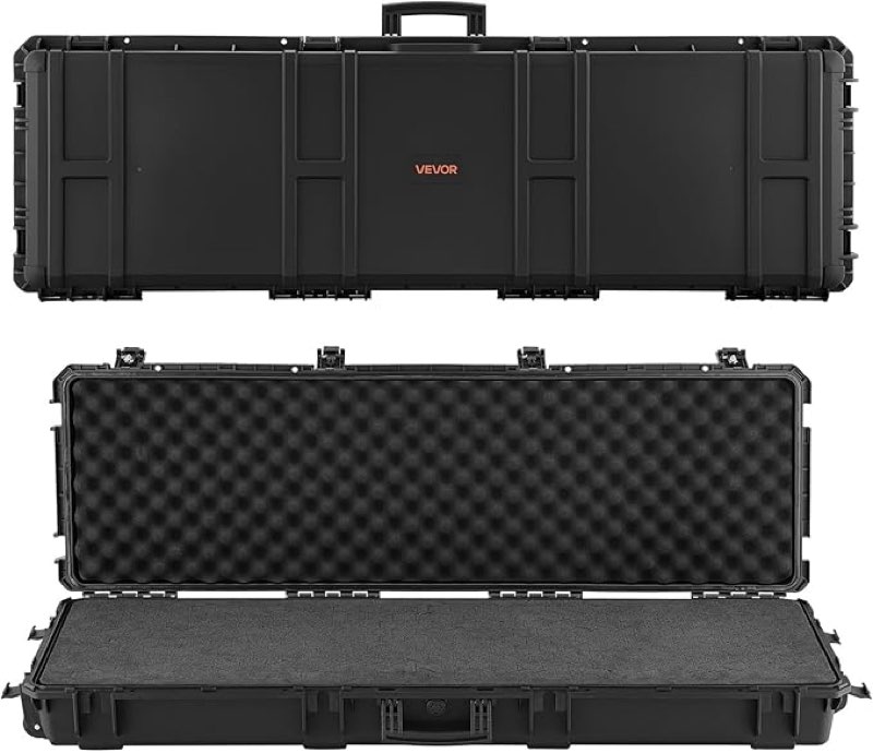 vevor rifle case, rifle hard case with 4 layers fully-protective foams, detachable xpe foam, 50 inch lockable gun storage with wheels, ip67 waterproof & dustproof, for rifle, shotgun, black