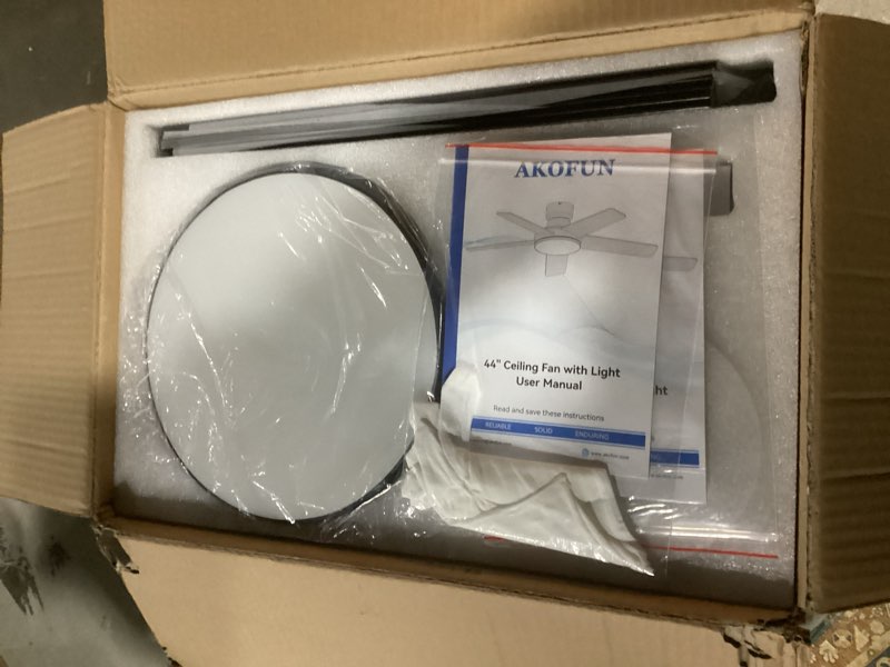 Condition photo showing Good Condition for AKOFUN Ceiling Fans with Lights and Remote, 44" Low Profile Ceiling Fan with Light, APP, 6 Speed, Dimmable, DC Motor, Quiet, Timer, Flush Mount Modern LED Ceiling Fan for Bedroom Living Room, Black Black 44 inch