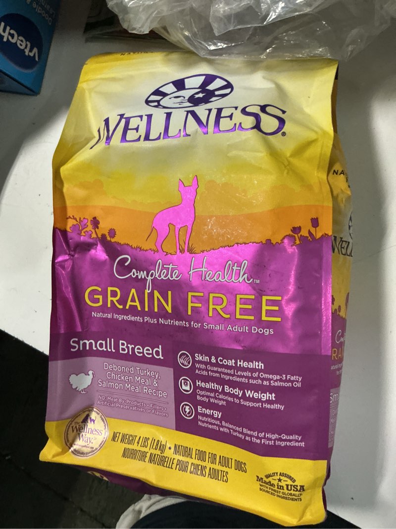Condition photo showing New/Like New for (by 20-feb-2026)wellness complete health small breed adult dry dog food, grain free kibble, chicken and salmon recipe, 4 lb bag turkey small breed 4 pound (pack of 1)