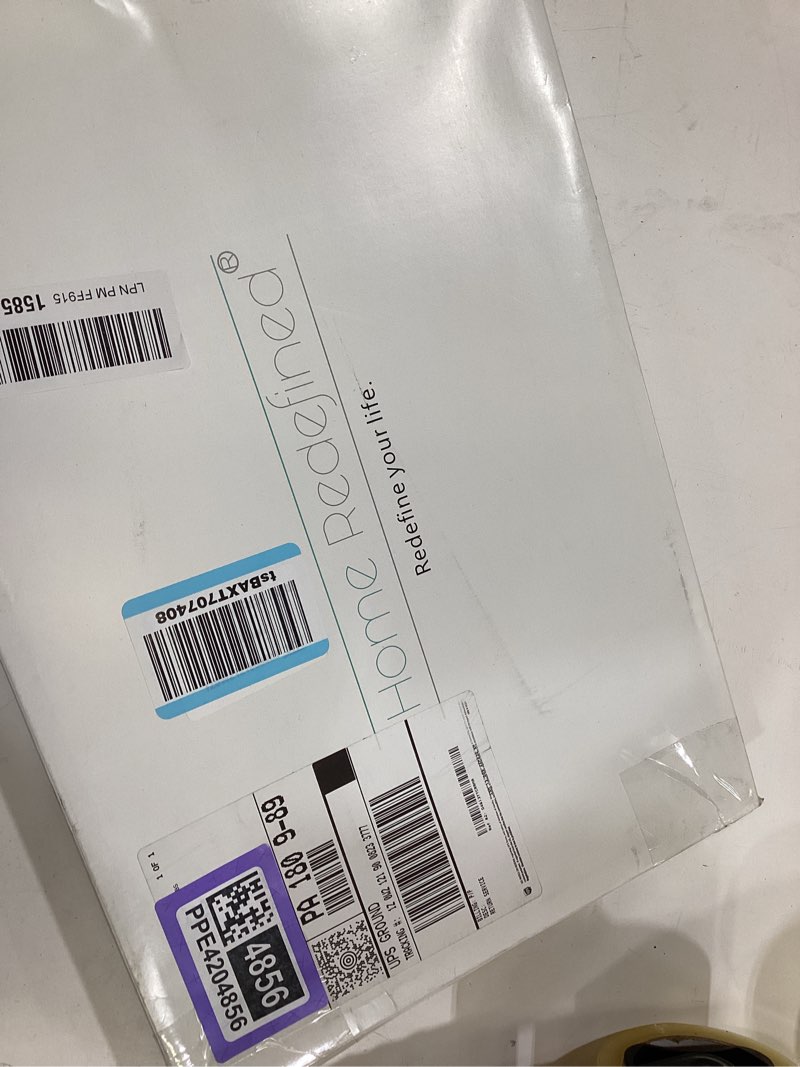 Condition photo showing As Is for home redefined modern elegant 17.5"x12" rectangle glossy faux leather shagreen white decorative serving tray with gold polished metal handles for ottoman coffee table perfume white/gold