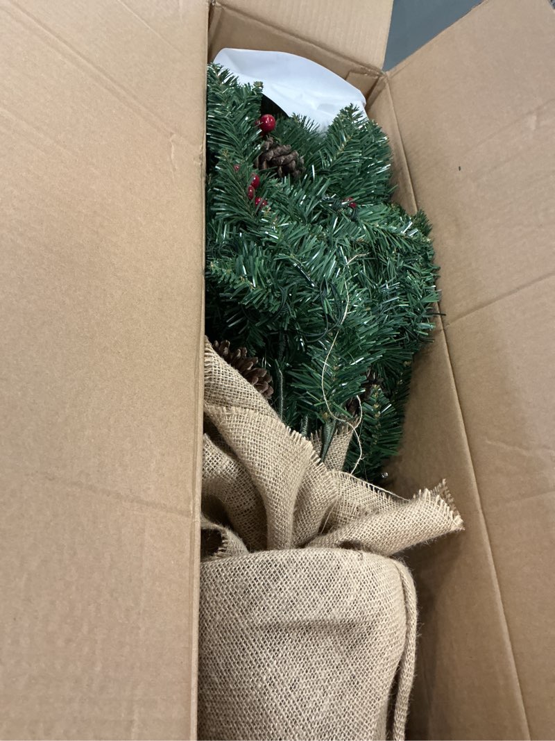 Condition photo showing New/Like New for 4ft Pre-lit Christmas Tree,Artificial Pine 300 PVC Branches Tips with 20 Red Berries & 20 Pinecone & 100 LED Lights & Burlap Wrapped Base Decor Xmas Tree Green 4ft
