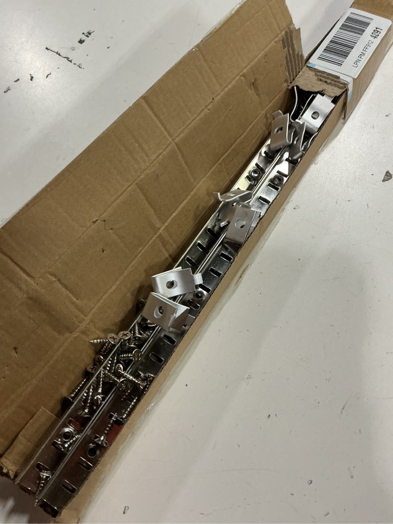 Condition photo showing Good Condition for 8 pcs 36 inch shelf pilaster with 40 clips and 72 screws, adjustable shelf brackets standard mortise mount metal shelves, steel wall mounted shelf pilaster light silver