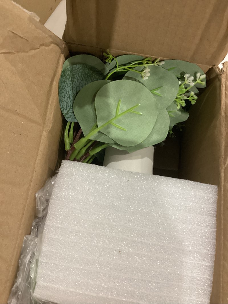 Condition photo showing Good Condition for Dahey Artificial Eucalyptus Stems in Small Ceramic Vase Centerpiece Table Decorations Modern Farmhouse Decor Fake Eucalyptus Plants with Vase for Bathroom Kitchen Shelf Living Room Home Decor, White White Small