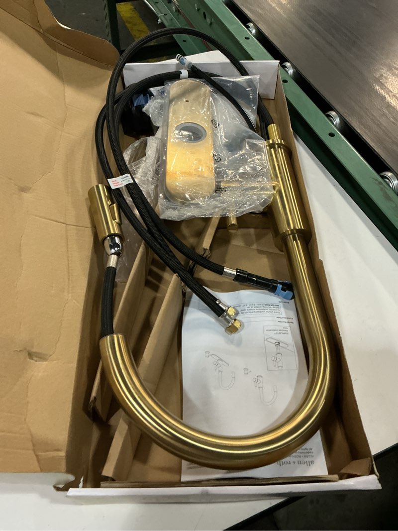 Condition photo showing As Is for allen + roth harlow simplefit brushed gold single handle deck-mount pull-down kitchen faucet with sprayer (includes deck plate) (includes soap dispenser)