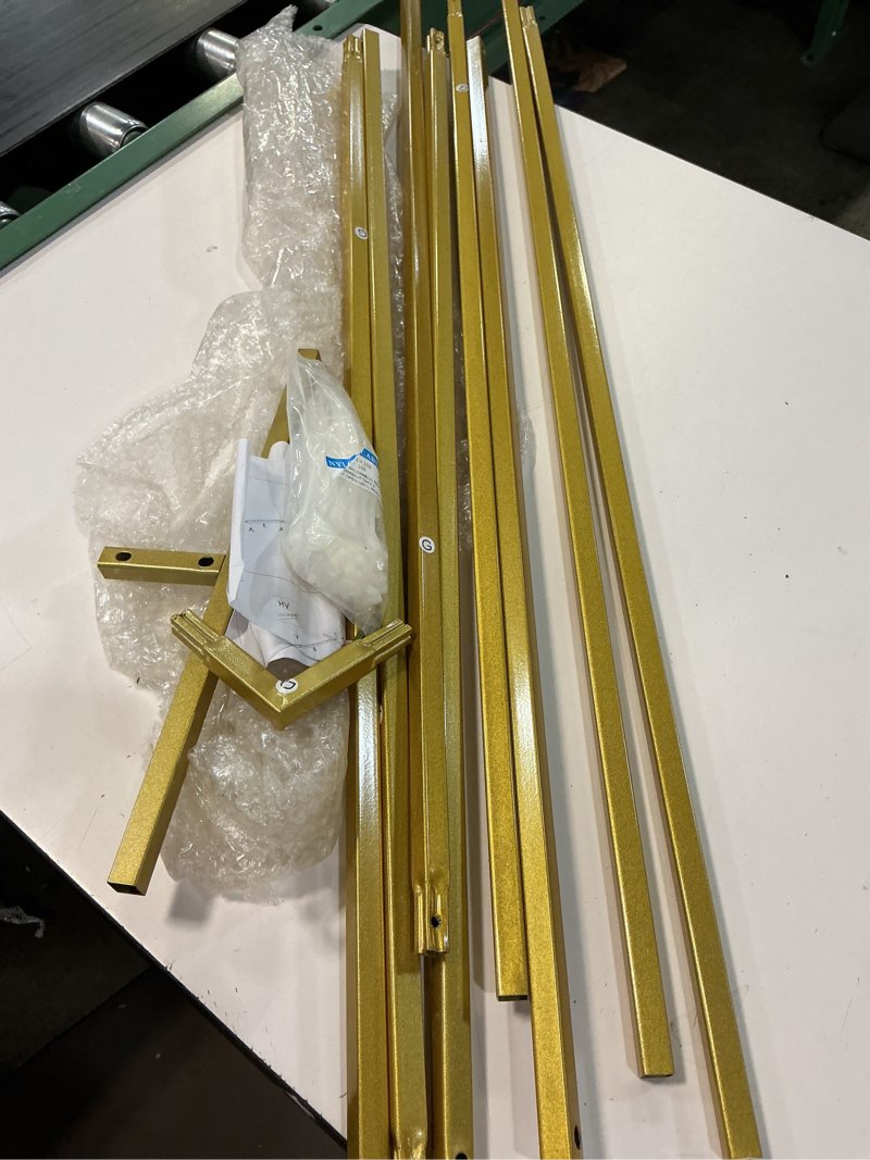 Condition photo showing As Is for gold wedding arch backdrop stand, 6.6x6.6 ft square metal balloon arch backdrop stand with ground stakes, wedding arch frame for ceremony party birthday baby shower anniversary decoration