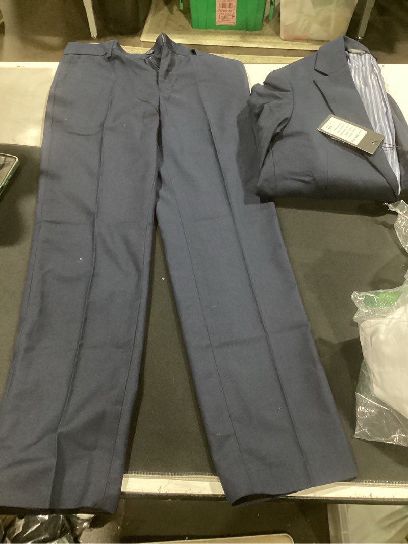 Condition photo showing As Is for (incomplete boy size 10) lmqml 8 piece boys suit slim fit formal suit set, adjustable waist, for toddler boy teenage, wedding, graduation, churches dark blue 10