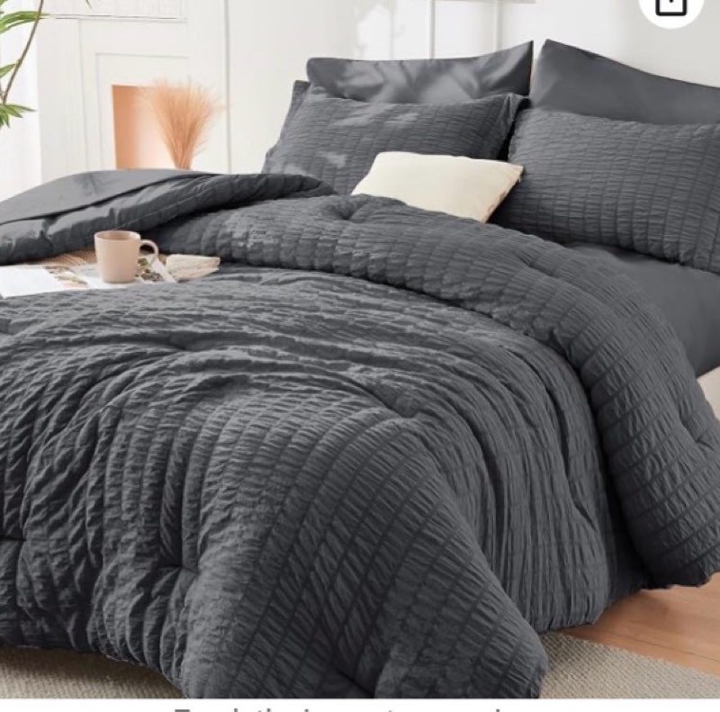 hymokege twin xl comforter set seersucker 5 pieces, all season luxury bed in a bag for bedroom, bedding set with comforter, sheet, pillowcase & sham, dark grey