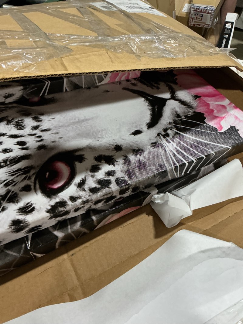 Condition photo showing As Is for visual art decor pink and gray leopard painting wall decor cheetah and pink flower wall art framed artwork for bedroom offce living room decoration 60" wx32 h pink