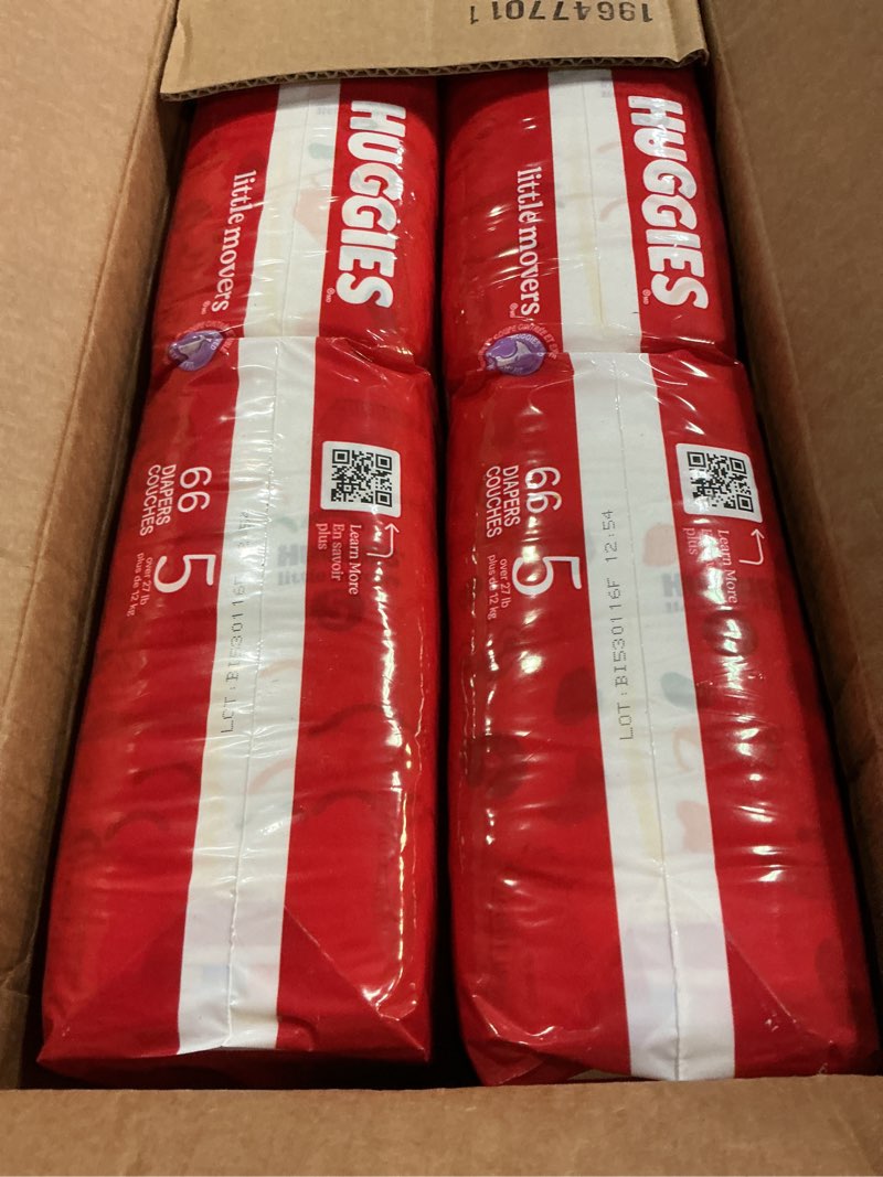 Condition photo showing New/Like New for huggies size 5 diapers, little movers baby diapers,, packaging may vary 132 count