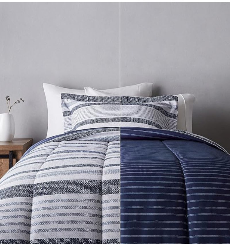 amazon basics twin/twin xl size comforter sets, ultra-soft lightweight microfiber reversible 2-piece bedding, blue denim/beige stripes, striped
