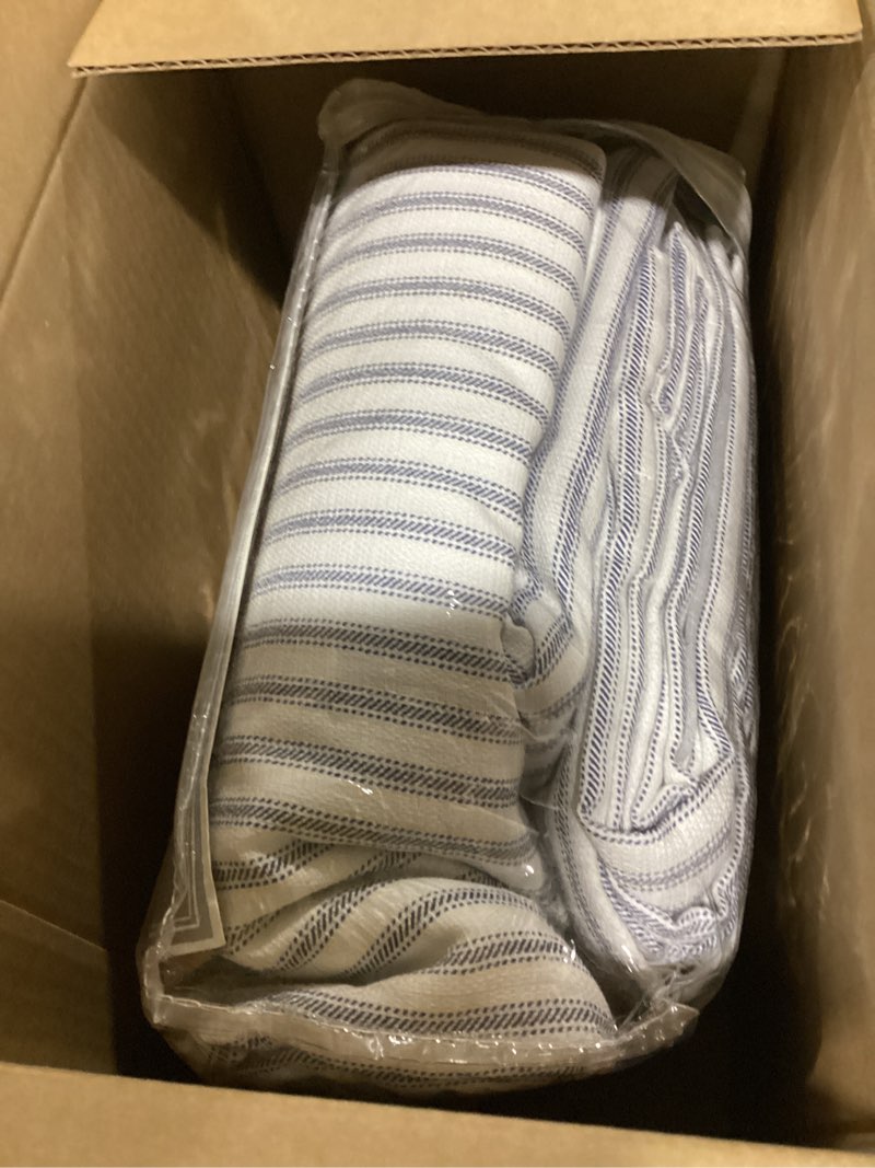 Condition photo showing As Is for Martha Stewart Ticking Stripe Blackout Lining Rod Pocket/Back Tab Window Curtain Panel Pair, 84", White/Indigo, Set of 2 White/Indigo 50"W x 84"L (Pack of 2)