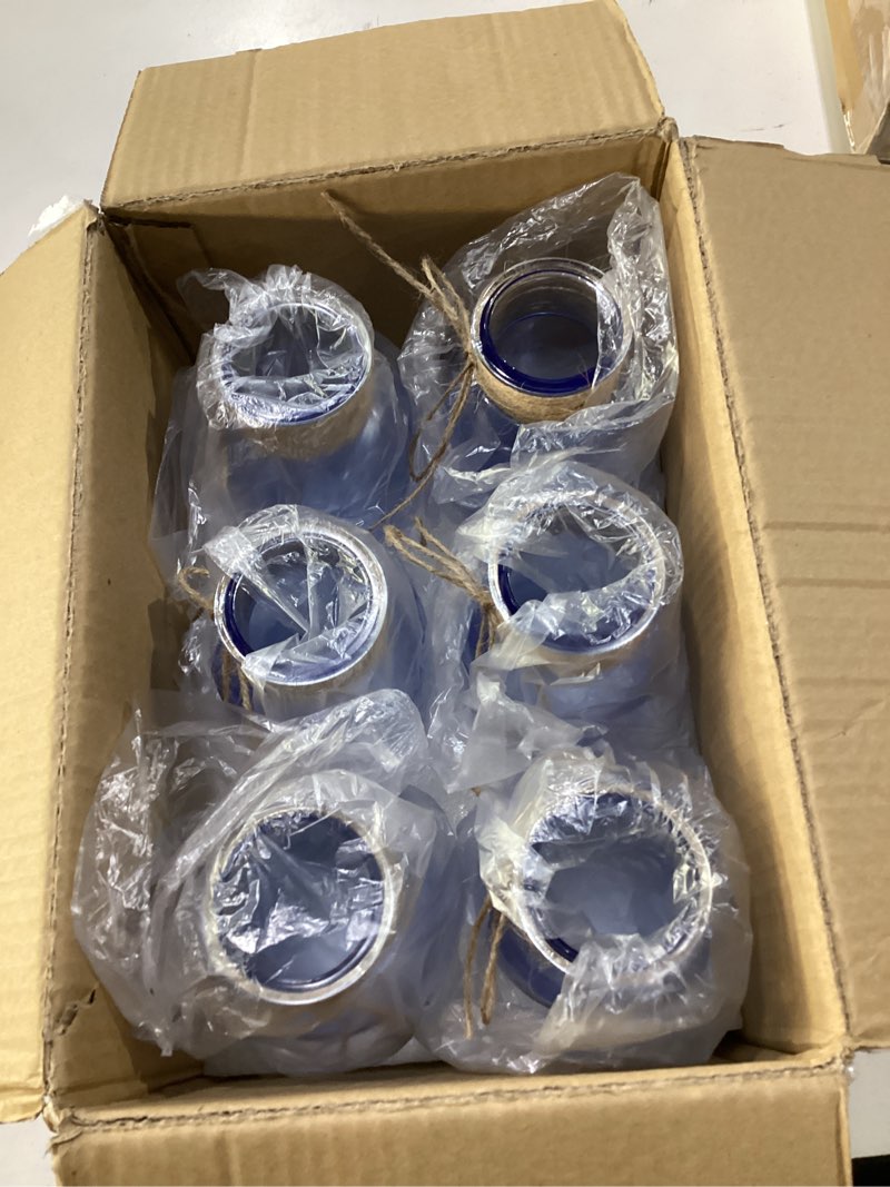 Condition photo showing New/Like New for mason jars for centerpiece, 6 pack vintage farmhouse glass flower vase blue bud vases bulk for weddings, parties& home decor blue 6