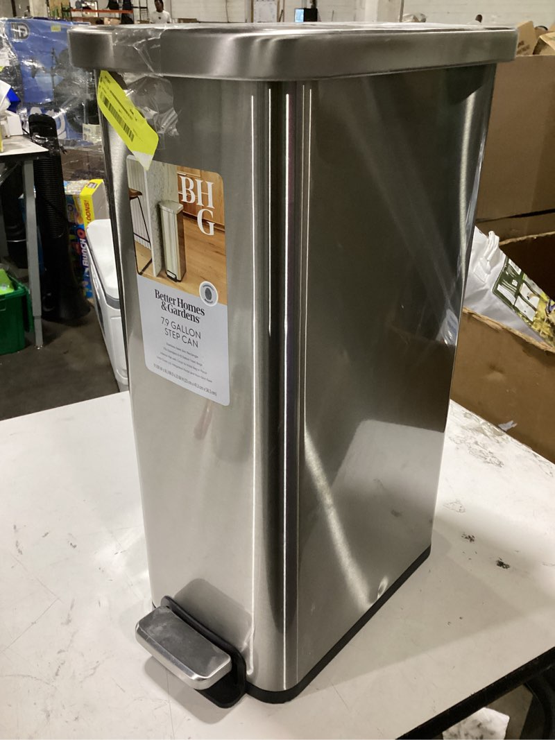 Condition photo showing Good Condition for better homes & gardens kitchen trash can, 7.9 gallon stainless steel slim step garbage bin with soft close lid, silver