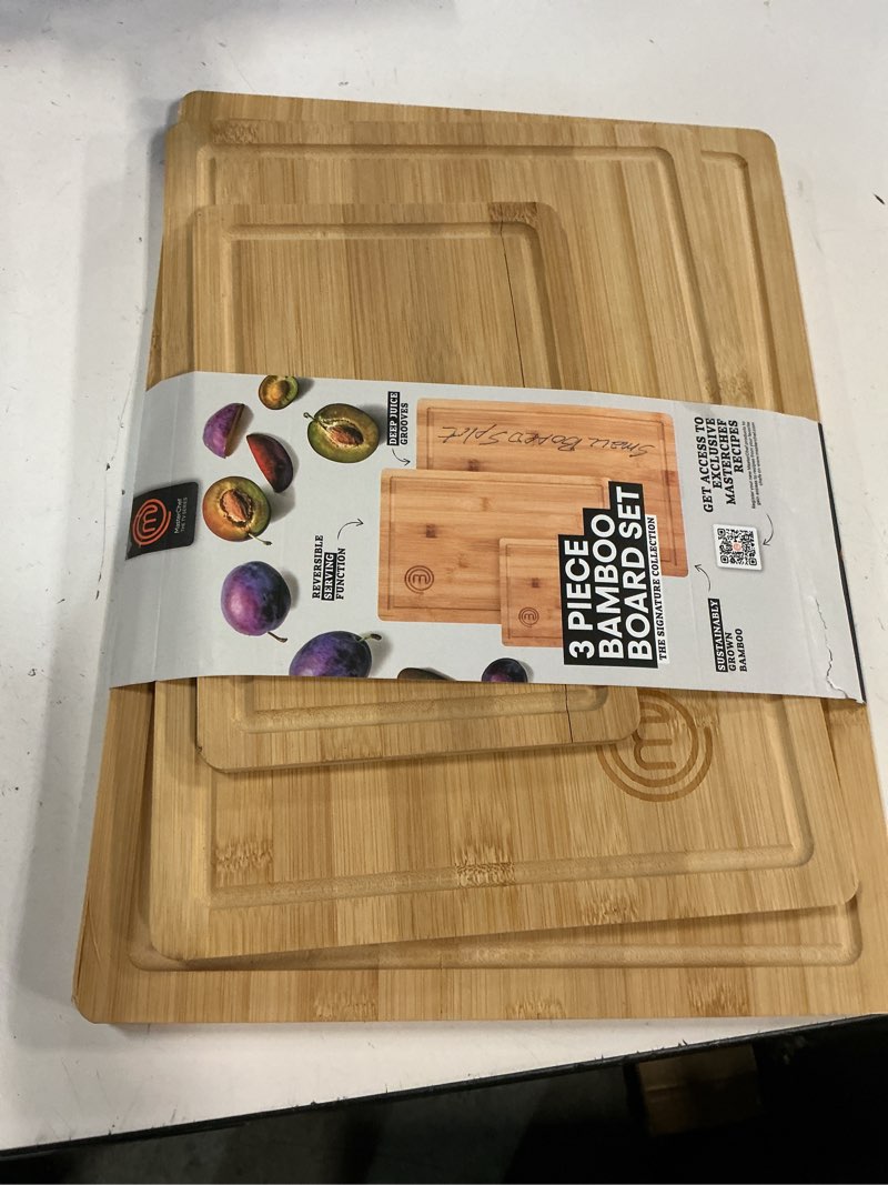Condition photo showing New/Like New for masterchef bamboo cutting boards for kitchen, wooden cutting board set of 3, natural, organic & food safe surface, reversible large, medium & small wooden chopping boards with juice grooves