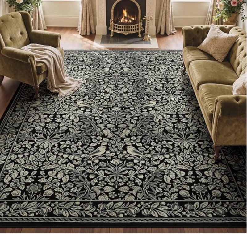 LIVEBOX 8x10 Area Rugs for Living Room, Vintage Floral Non-Slip Washable Rugs, Farmhouse Botanical Birds Nature Pattern Large Area Rug for Bedroom, Carpet for Dining Room Decor(Black,8'x10')