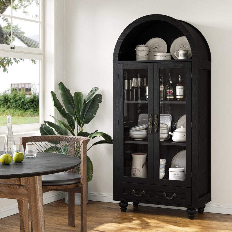 Geniu 71" Tall Arched Display Cabinet with Glass Doors&Solid Wood Legs Color: Black