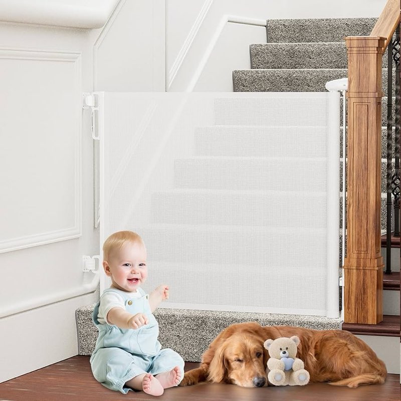 Retractable Baby Gate for Stairs, 55" Wide Mesh Dog Gate Indoor, 34'' Tall Child Gate for Doorways, Hallways, Deck, Indoor Outdoor Pet Baby Safety Essentials for Home, Black Black 34'' Tall x 55'' Wide