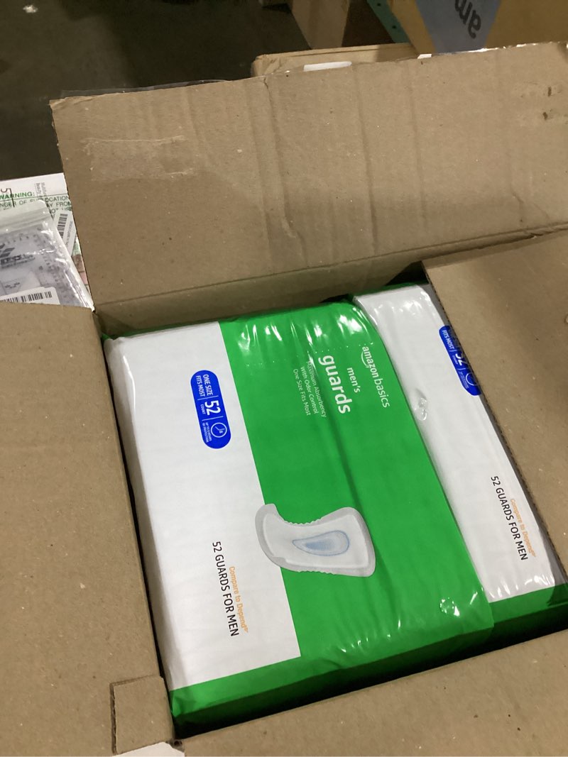Condition photo showing New/Like New for amazon basics men's incontinence guards, maximum absorbency, moisture-wicking with odor protection, one size fits most, 104 count (2 packs of 52)