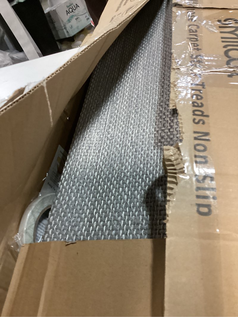 Condition photo showing As Is for Bullnose Carpet Stair Treads Non Slip for Wooden Steps Indoor, 9.5" x 35" 14 Pieces, Extra Wide Bull Nose Carpet Runners for Wood Stairs, Step Covers, Stair Tread Rugs, Washable, Light Grey 35" L x 9.5" W x 1.2" H Light Gray 14