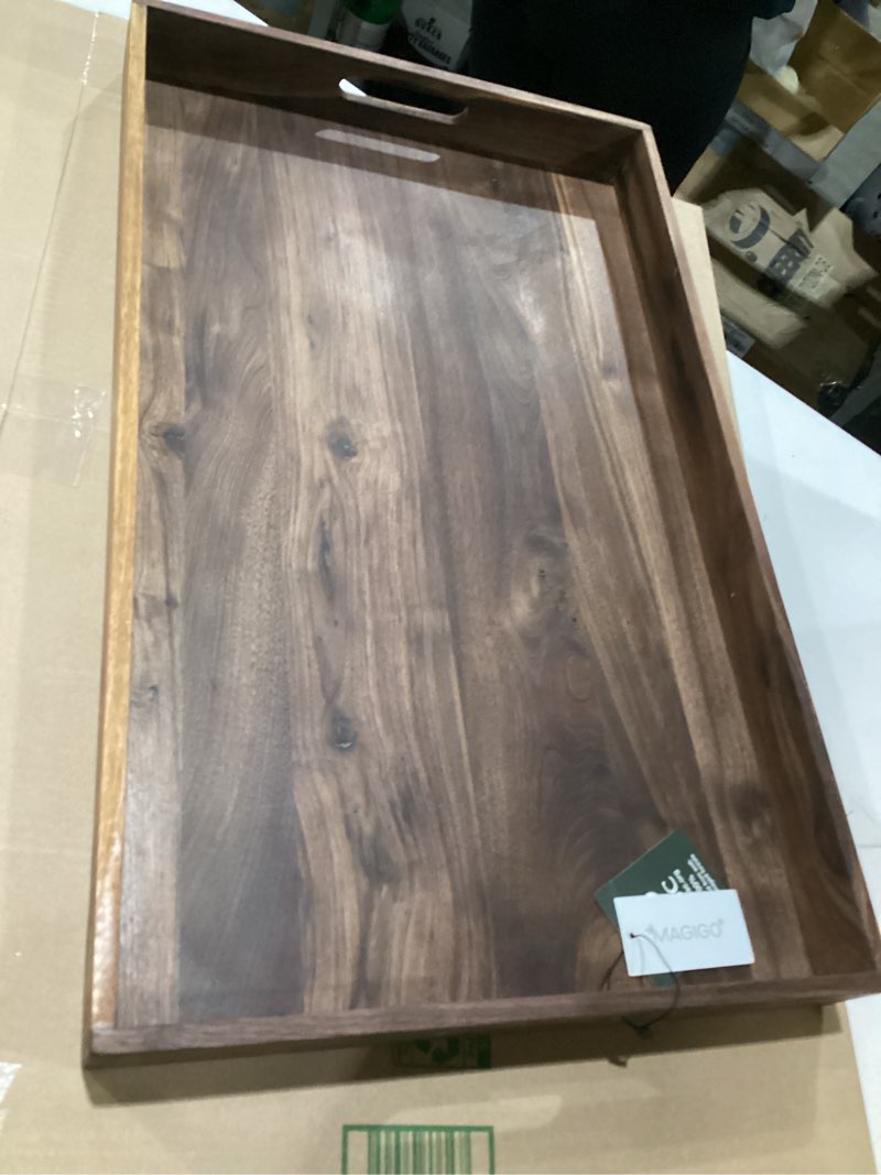 Condition photo showing New/Like New for 26 x 16 Inches Extra Large Rectangle Black Walnut Wood Ottoman Tray with Handles, Serve Tea, Coffee or Breakfast in Bed, Classic Wooden Decorative Serving Tray