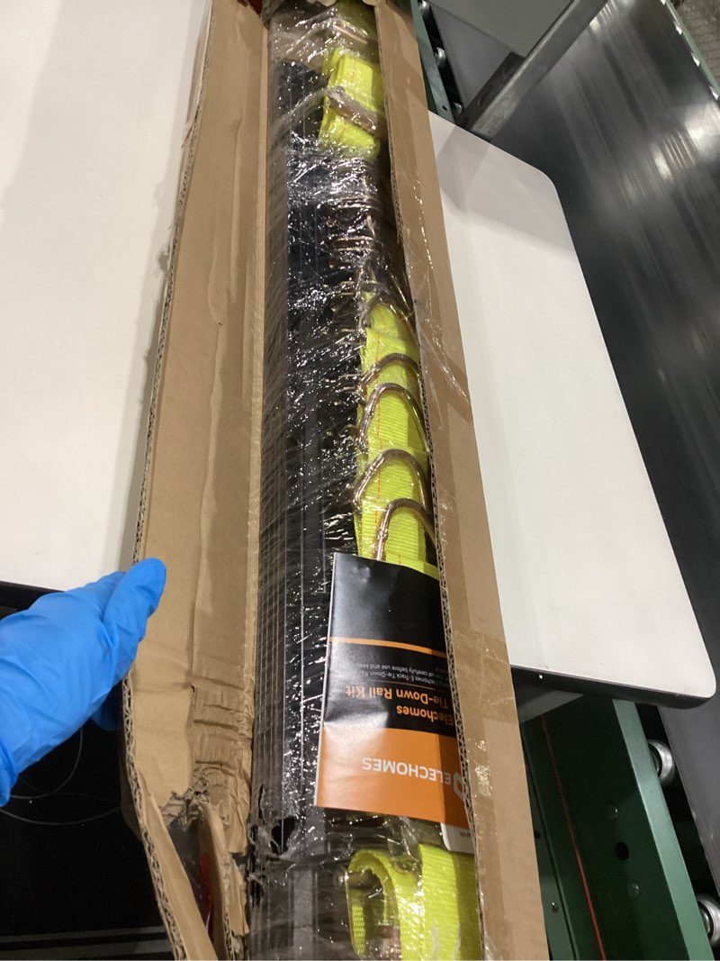 Condition photo showing Good Condition for elechomes e track tie-down rail kit?22 pcs set etrack kit 6 rails, 2 ratchet straps, 6 rope tie offs, 6 o ring anchors, 2 single slot anchors securing accessories for garages vans trailers motorcycle 22pcs-black