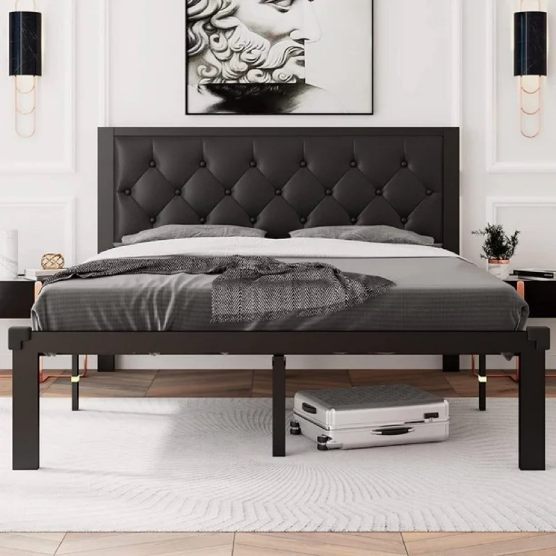 Feonase Queen Size Metal Platform Bed Frame with Faux Leather Upholstered Button Tufted Headboard, Mattress Foundation with 12” Storage, Steel Slats SupportNo Box Spring Needed, Easy Assembly, Black