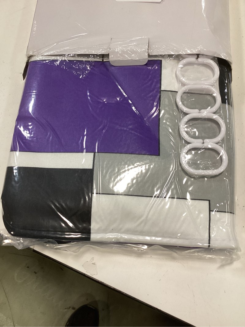 Condition photo showing New/Like New for Purple Geometric Shower Curtain Set with Toilet Lid Cover and Non-Slip Rugs for Bathroom, Grey Black White Checkered 4 Pcs Shower Curtain, Abstract Modern Bathroom Set with 12 Hooks Abstract Geometric Purple