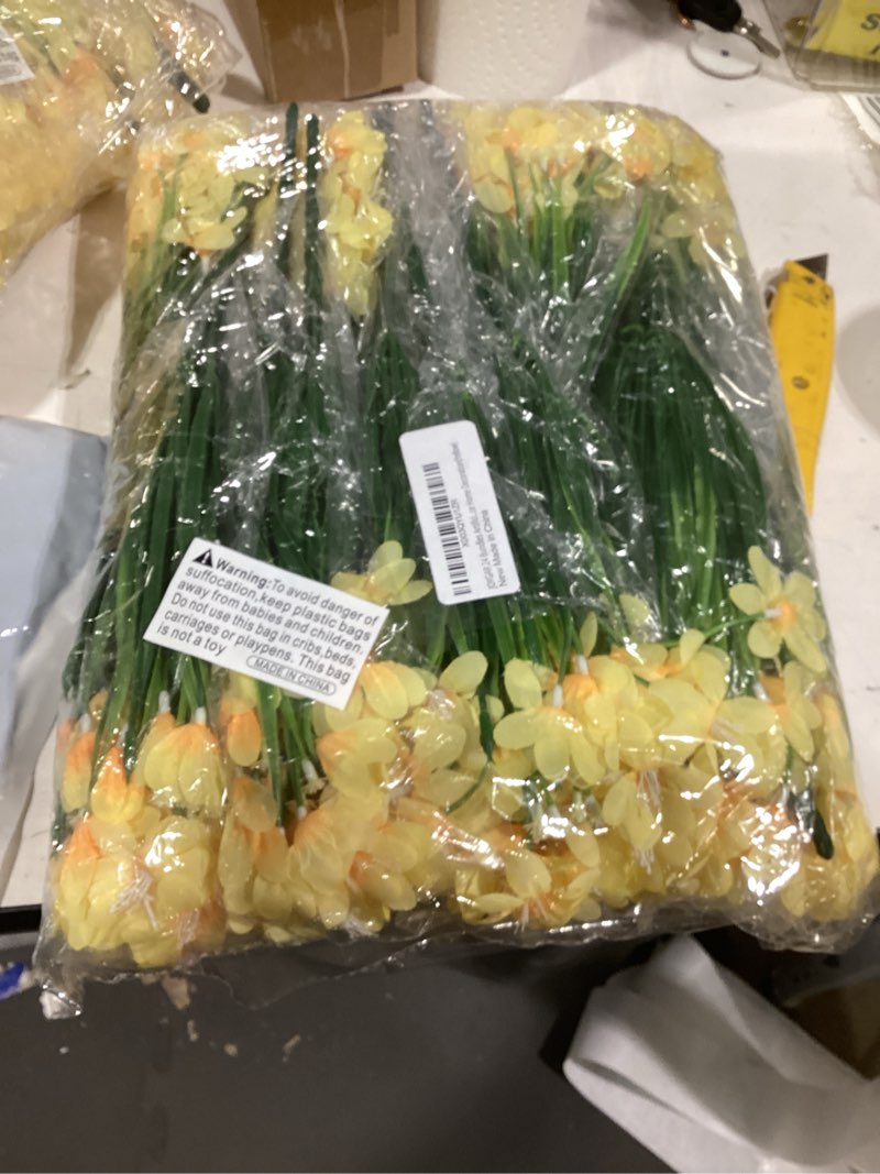 Condition photo showing Good Condition for 24 Bundles Artificial Flowers Fake Daffodils Flowers UV Resistant No Fade Faux Greenery Faux Plastic Lotus for Wedding Garden Hanging Planter Indoor Porch Patio Office Home Decoration(Yellow) Yellow 24