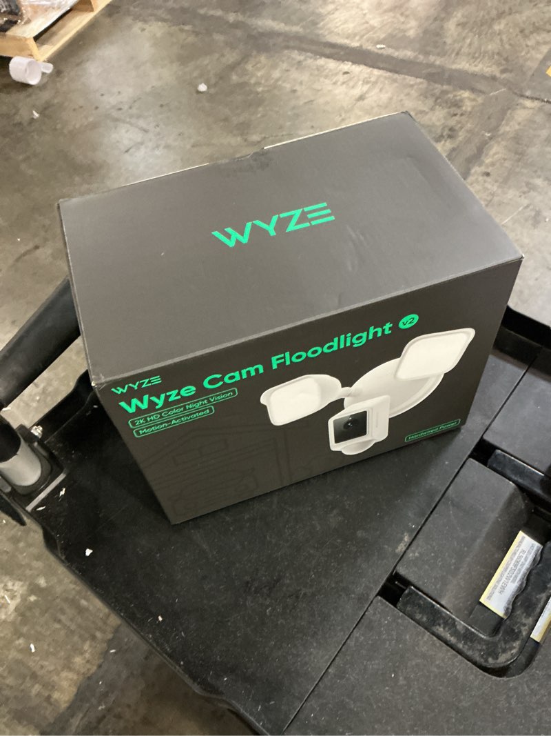 Condition photo showing New/Like New for wyze wired outdoor wi-fi floodlight v2 home security camera with 2k video, color night vision, motion activated leds - white
