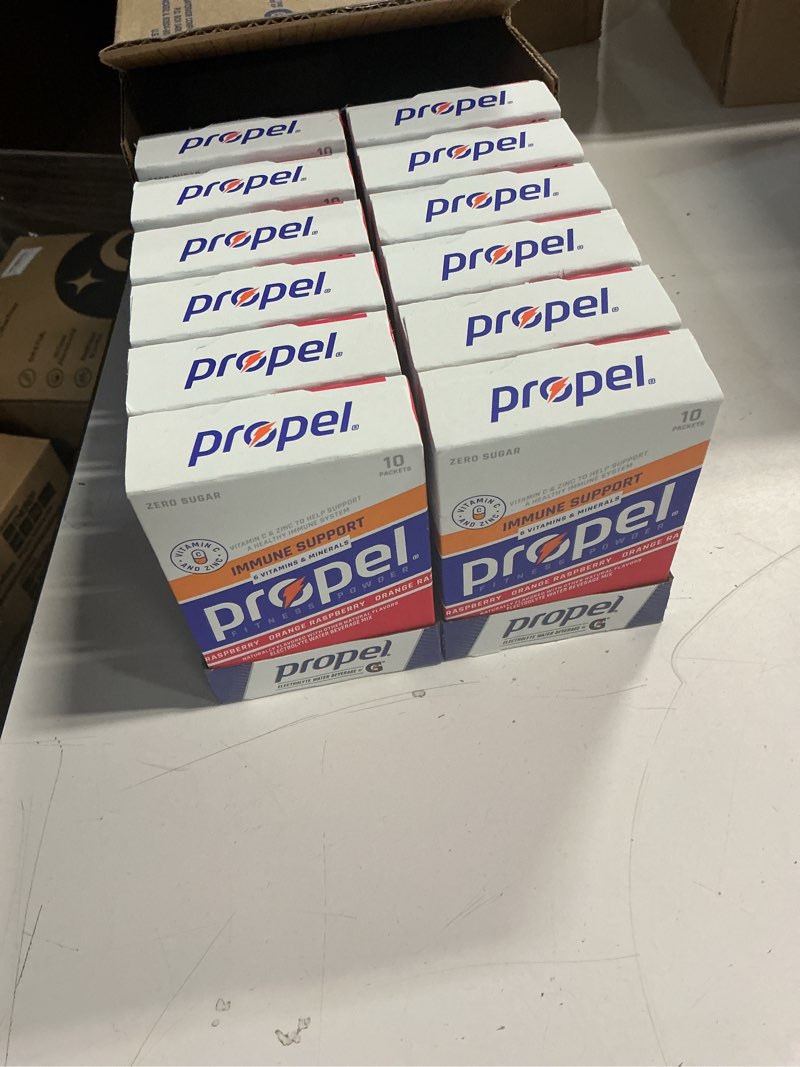 Condition photo showing New/Like New for (Aug-24-2026)Propel Immune Support Electrolyte Enhanced Water Drink Mix Powder Packets, Orange Raspberry, 100% DV Vitamin C, Good source of Zinc, Zero Sugar Hydration with Electrolytes and Vitamins (120 Packets) Orange Raspberry Immune 2.5 G (Pack of 120)
