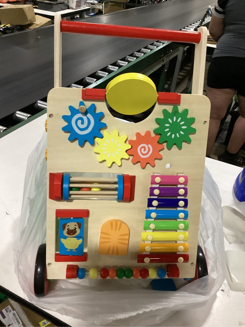 Condition photo showing As Is for huzu wooden baby walker with wheels, montessori push and pull activity center for toddlers, adjustable height & speed, learning toy for 6-12 months 1-3 years old boys and girls (rainbow)