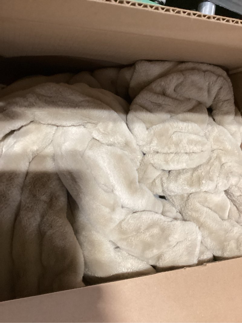 Condition photo showing As Is for BATTILO HOME Beige Faux Fur Throw Blanket for Bed, Large Double Side Reversible Ruched Rabbit Fur Blanket for Couch, Living Room, Soft Warm Mink Cozy Blanket, 60x80 Inch 60"x80" Tan