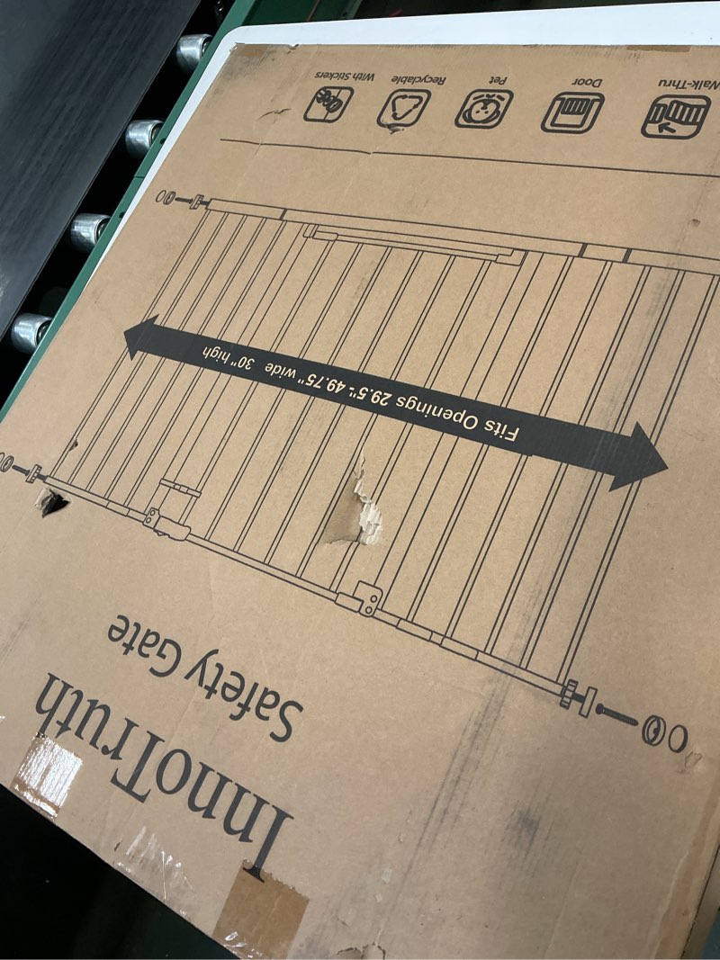 Condition photo showing New/Like New for InnoTruth 29.5–49.75" Extra Wide Baby Gate for Stairs, 30" Tall Walk Through Dog Gate for Stairs & Doorways, Pressure-Mounted Safety Gate for Pets & Kids, Dual Lock & 2-Way Swing, White White 29.5-49.75" W x 30" H