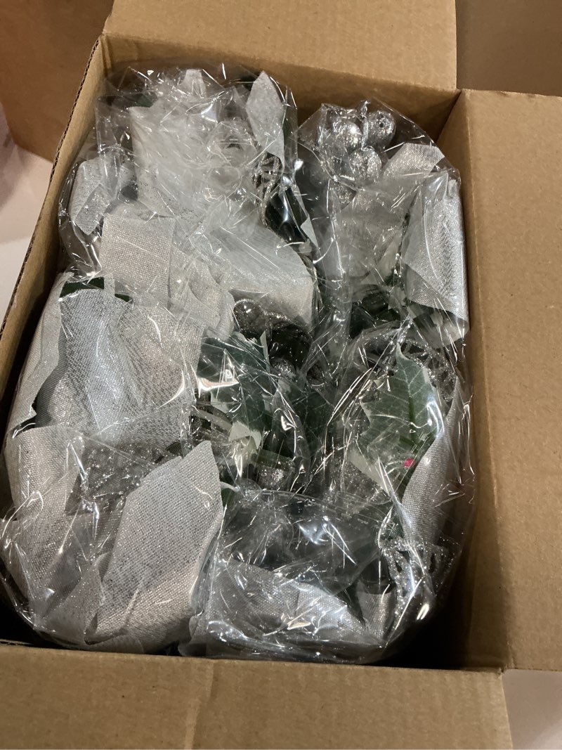 Condition photo showing item condition for Zubebe 4 Pcs Prelit Poinsettia Christmas Garland with String Lights Glitter Holly Leaves Berries Remote Timer 8 Modes 6.5 ft Lighted Flower Garland Battery Operated Indoor Outdoor Decor (Silver) Silver 4