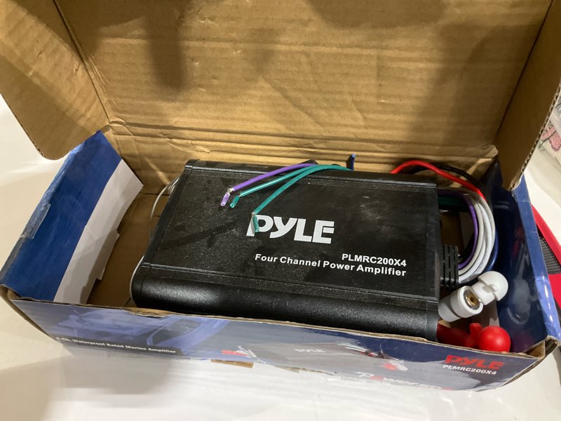 Condition photo showing As Is for pyle 4-channel waterproof marine amplifier, 600 watt max, car/stereo amp, rugged design, rca out to amplifier, weather-resistant, marine grade ip-x6, 6"x3.86"x2.36" inch