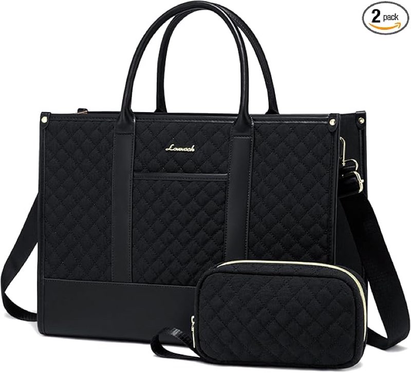 lovevook laptop bags for women, 17 inch waterproof work tote bag with clutch, professional teacher computer purse lightweight shoulder bag travel, quilted black