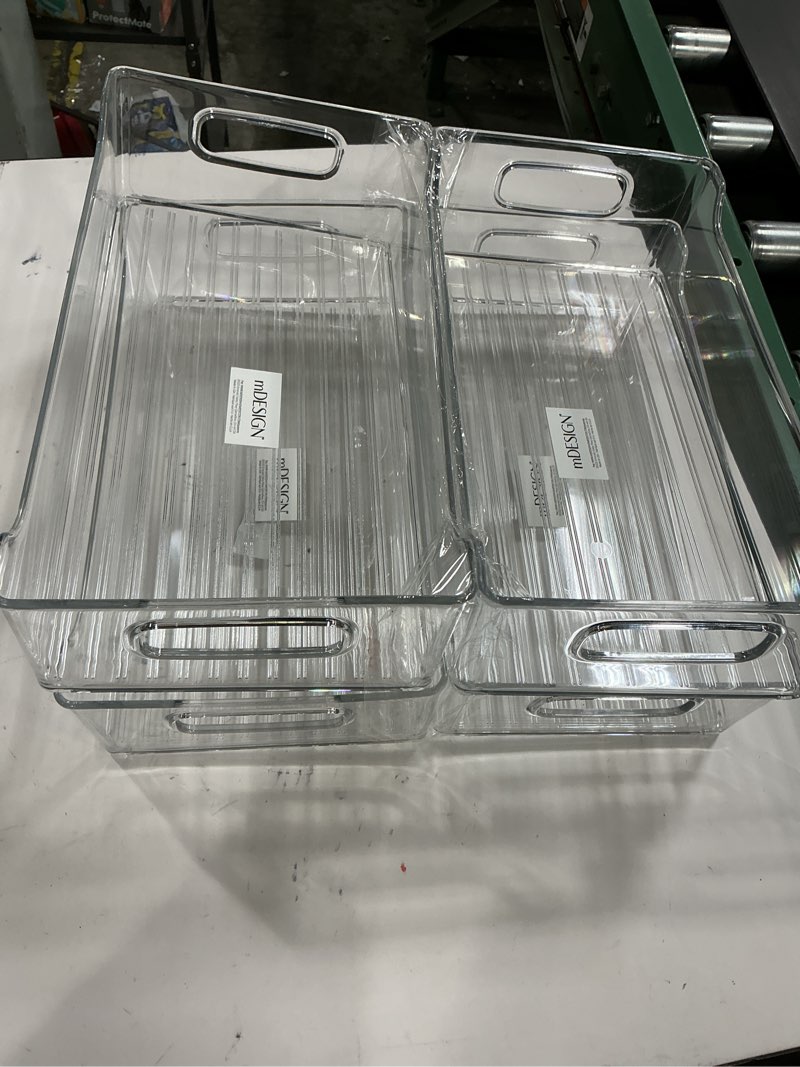 Condition photo showing Good Condition for mDesign Wide Plastic Kitchen Storage Container Bins with Handles -Organization in Pantry, Cabinet, Refrigerator or Freezer Shelves - Food Organizer for Fruit, Yogurt, Squeeze Pouches - 4 Pack - Clear