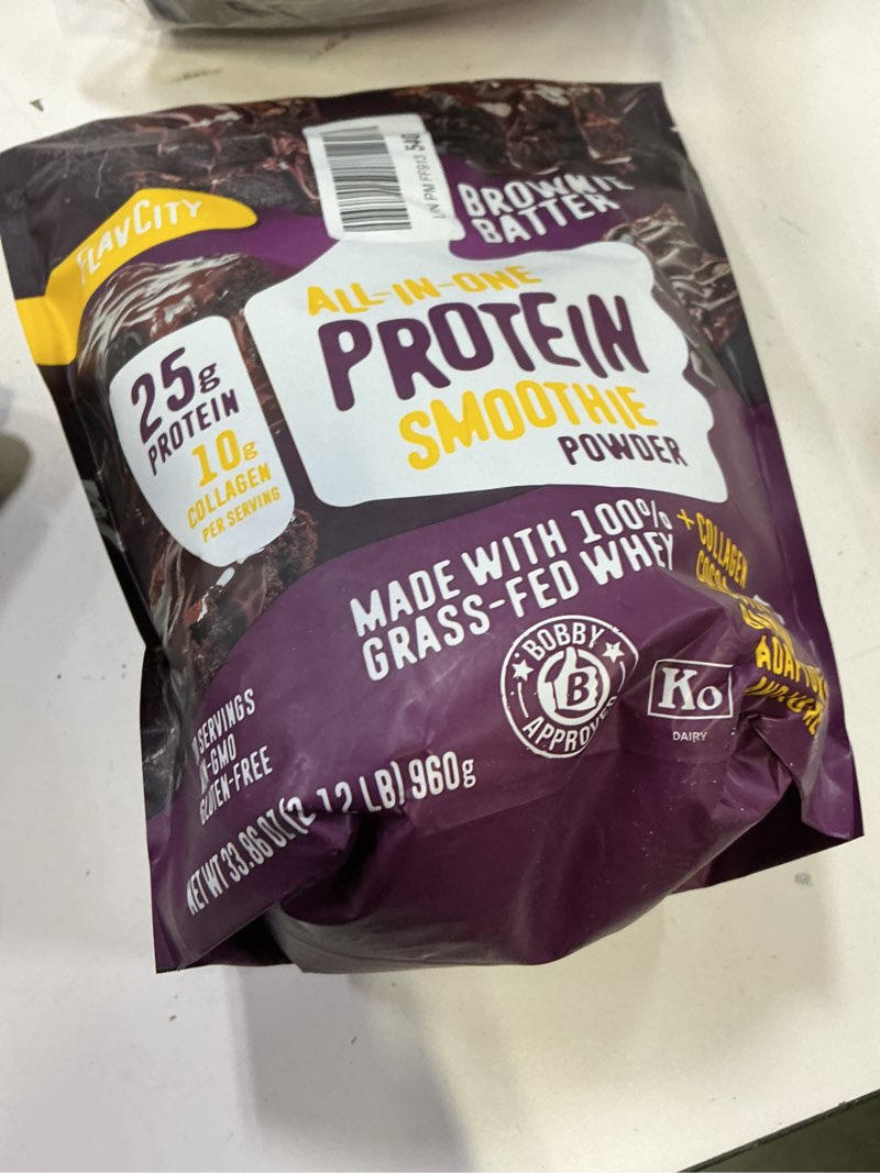 Condition photo showing New/Like New for (bb-01-27-28)flavcity all in one protein shake powder, brownie batter - on the go meal alternative + collagen peptides, reishi & cordyceps - focus, skin, hair & joint support - 100% grass fed whey, 20 servings