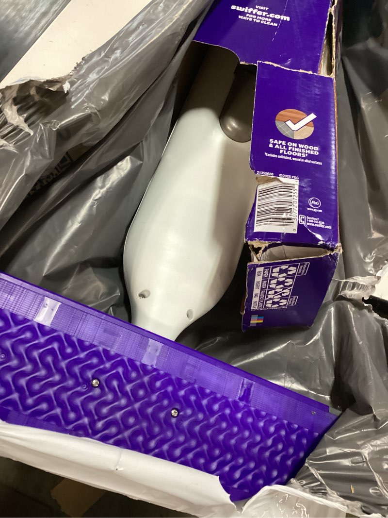 Condition photo showing As Is for swiffer power mop wood kit with refill, unscented, 1 handle + 1 solution & 2 pads