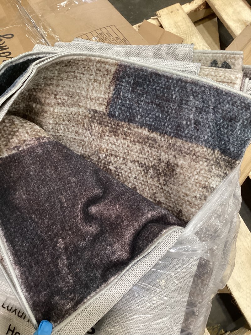 Condition photo showing Good Condition for modern geometric patchwork indoor area rug for living room, blue-taupe 8'x 10' large rug rockwood collection hardwood floors decor for bedroom, blue throw carpet for office entryway dining room 8 x 10 feet blue-taupe