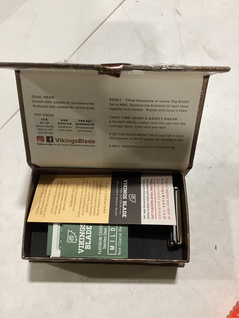 Condition photo showing New/Like New for VIKINGS BLADE Adjustable Double Edge Safety Razor + Luxury Case. Smooth, Reusable, Eco-Friendly (The Emperor “Augustus”) FAT, Brown Black (Emperor Augustus)