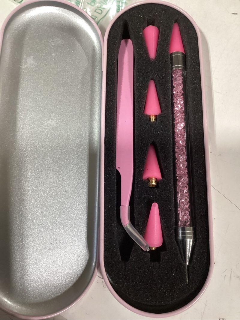 Condition photo showing New/Like New for rhinestone picker tool, wax pencil for rhinestones tool, dual-ended nail bedazzling tools with 4 extra pink replaceable wax head and 1 tweezer (pink b)