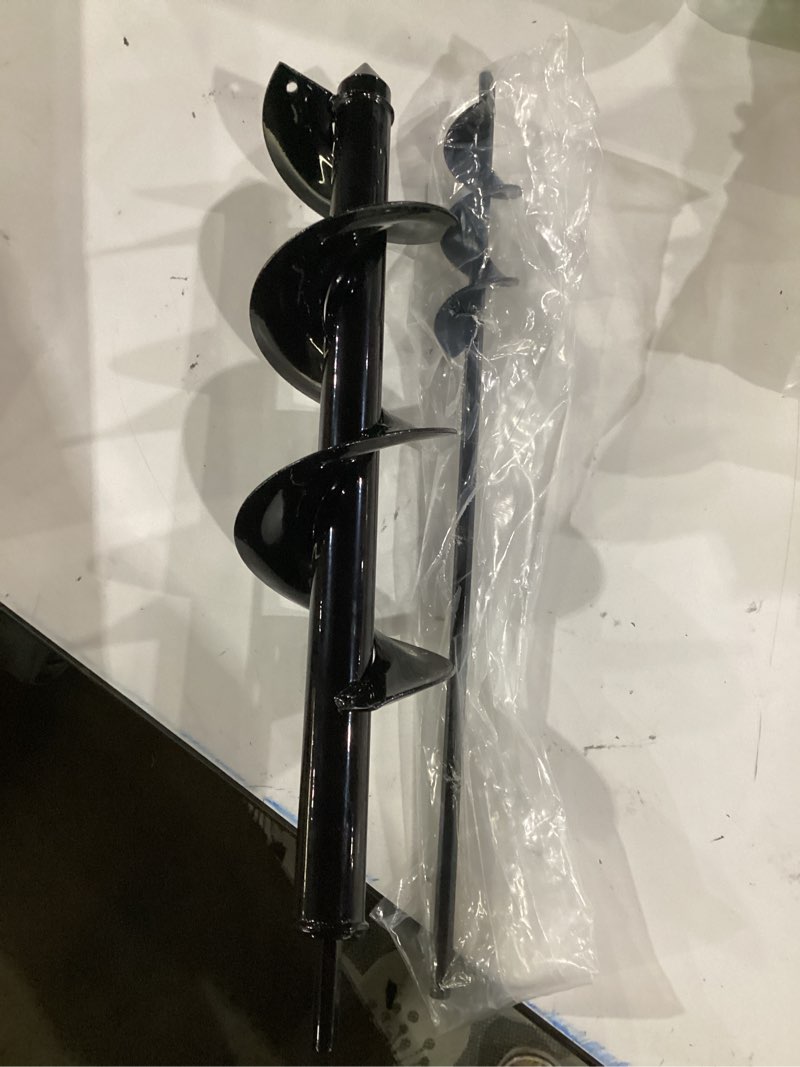 Condition photo showing As Is for missing the gloves**** 2pk auger drill bit for planting with gloves (1.6 x 16 inch & 3.5 x 16 inch set) - heavy duty garden spiral and bulb planter tool for digging holes - compatible with 3/8 inch hex drive 1.6 x 16 + 3.5 x 16 inch