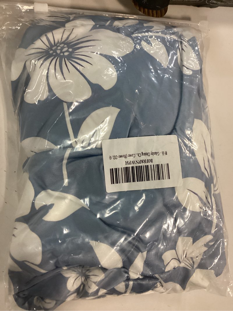Condition photo showing New/Like New for Stretch Dining Chair Seat Covers Set of 6,Dining Chair Slipcovers, Floral Printed Chair Covers,Soft Fabric Washable Upholstered Chair Seat Protector, No Rear Covers for Home Kitchen Dining Room Light Blue- White Small Floral 6PCS