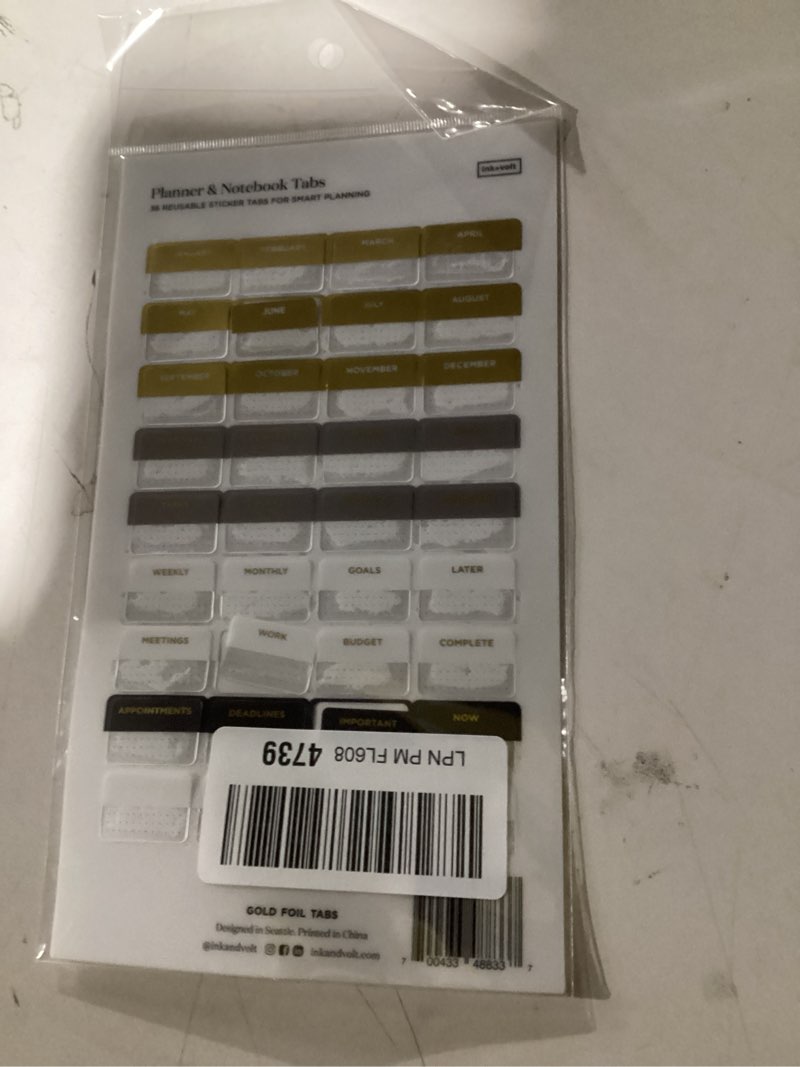 Condition photo showing Good Condition for Ink+Volt Planner Tabs, Notebook Tabs, Month Tabs for Planner, 36 Pieces 15/16 Inch x 11/16 Inch on a 5 x 8 Inches Sheet, Index Tabs Self Adhesive - Multiple Colors (Gold Foil)