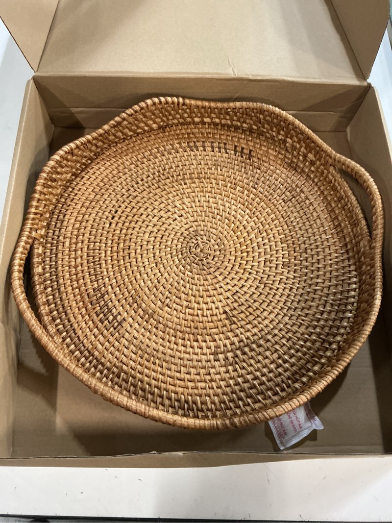 Condition photo showing Good Condition for 14" Round Scalloped Rattan Tray | Handwoven Decorative Tray with Handles for Coffee Table, Ottoman, Bathroom Vanity, Kitchen & Tea Serving – Boho Farmhouse Home Décor & Organization