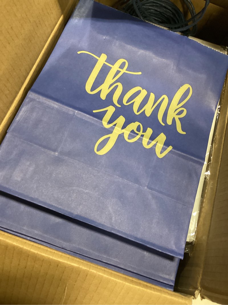 Condition photo showing Good Condition for DjinnGlory 50 Pack Medium Navy Thank You Gift Bags with Handles 10x8x4 Inch, Nautic Blue Paper Bags and White Tissue Paper for Small Business, Graduation, Wedding, Bridal Baby Shower Party Favors