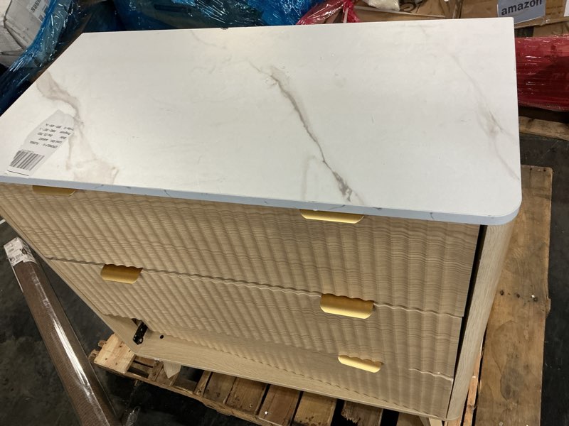 Condition photo showing As Is for T4TREAM Fluted 3 Drawer Dresser, 32" Tall Modern Chest of Drawers with Faux Marble Top, Curved Profile Design, Wood Drawer Organizer for Bedroom, Living Room, Hallway, Entryway, Natural Oak 16"D x 32"W x 32"H (3 Drawers) Natural Oak